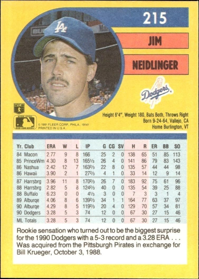 1991 Fleer Ron Darling #144 baseball trading card back