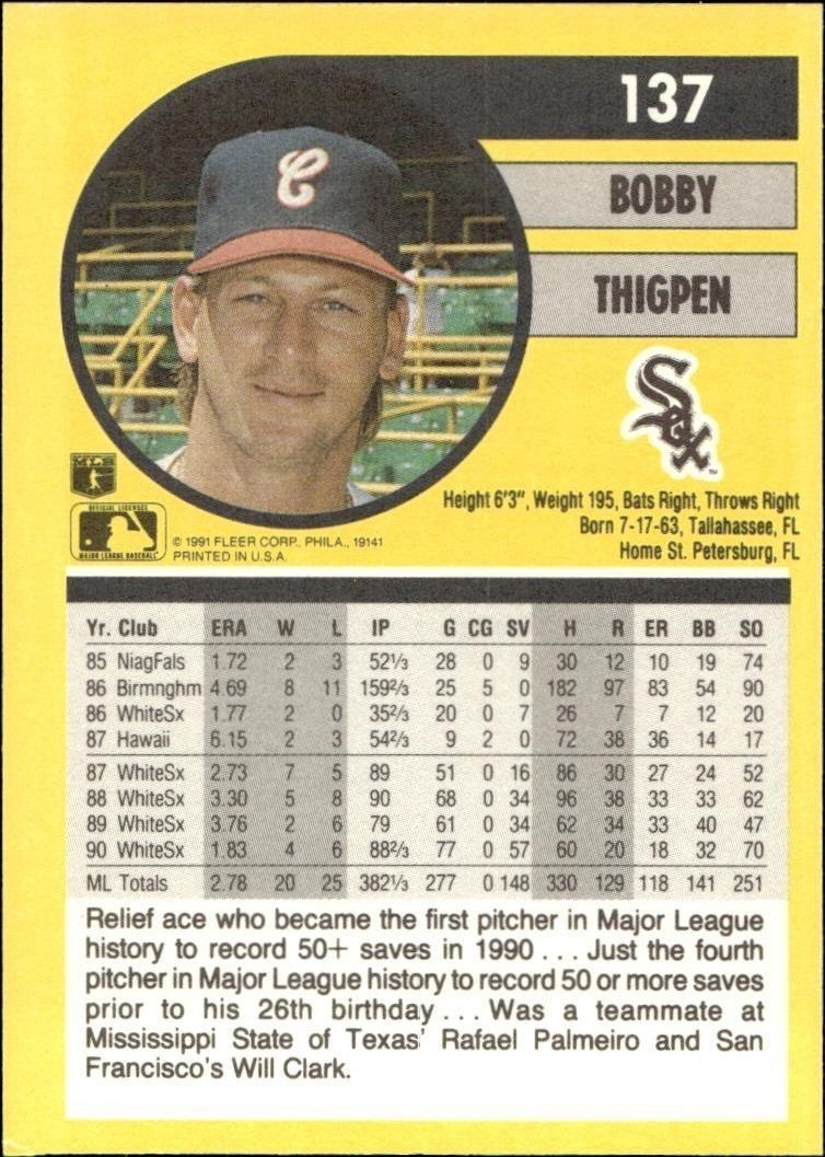 1991 Fleer Bobby Thigpen #137 baseball trading card back
