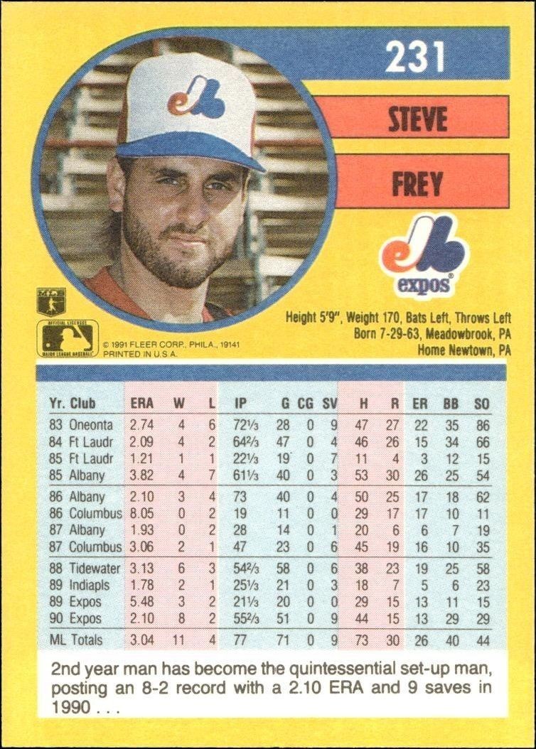 1991 Fleer Steve Frey #231 baseball trading card back
