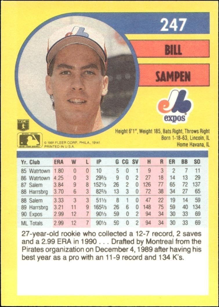 1991 Fleer Bill Sampen #247 baseball trading card back