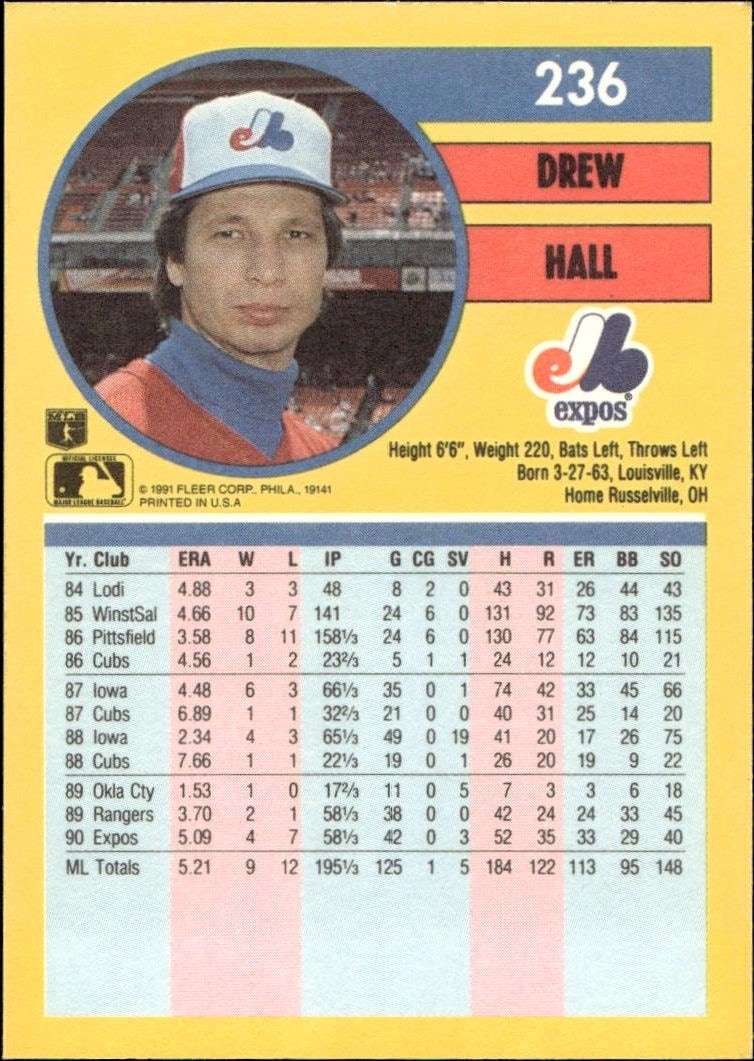 1991 Fleer Drew Hall #236 baseball trading card back
