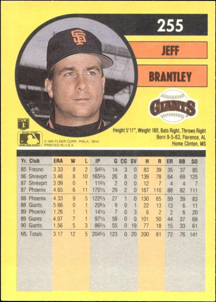 1991 Fleer Jeff Brantley #255 baseball trading card back