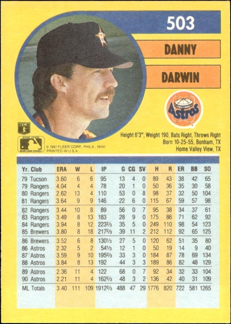 1991 Fleer Danny Darwin #503 baseball trading card back
