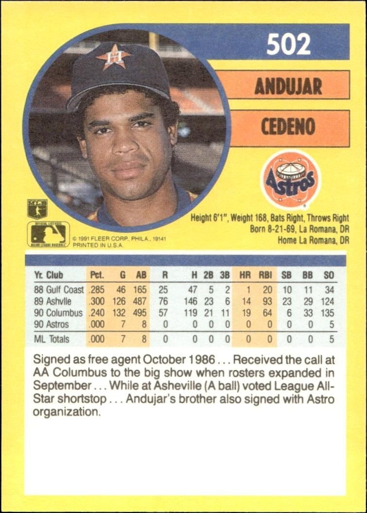 1991 Fleer Andujar Cedeno #502 baseball trading card back