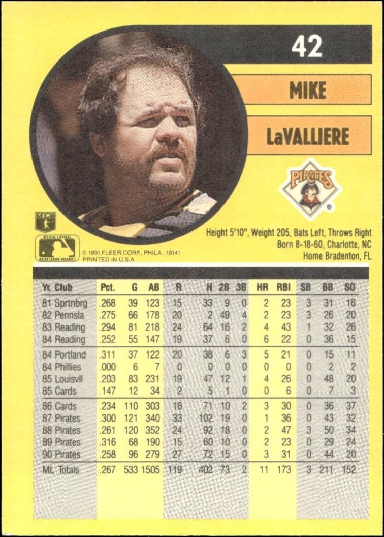 1991 Fleer Mike LaValliere #42 baseball trading card back