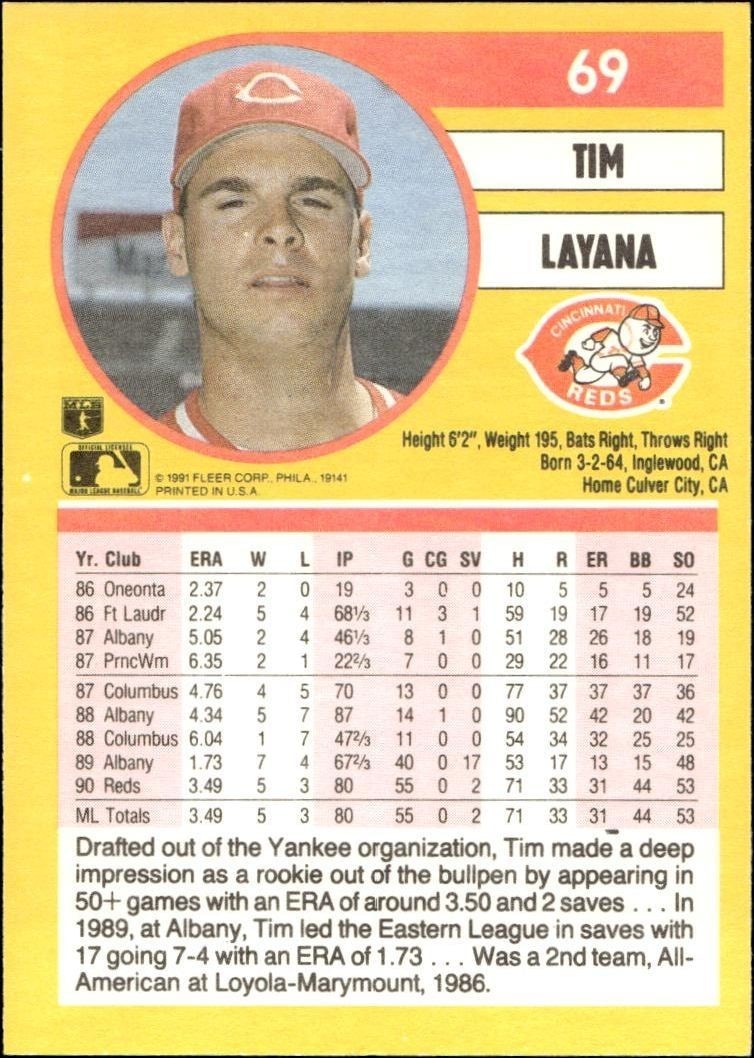 1991 Fleer Tim Layana #69 baseball trading card back