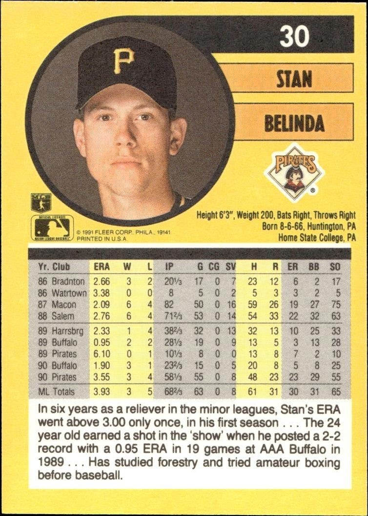 1991 Fleer Stan Belinda #30 baseball trading card back