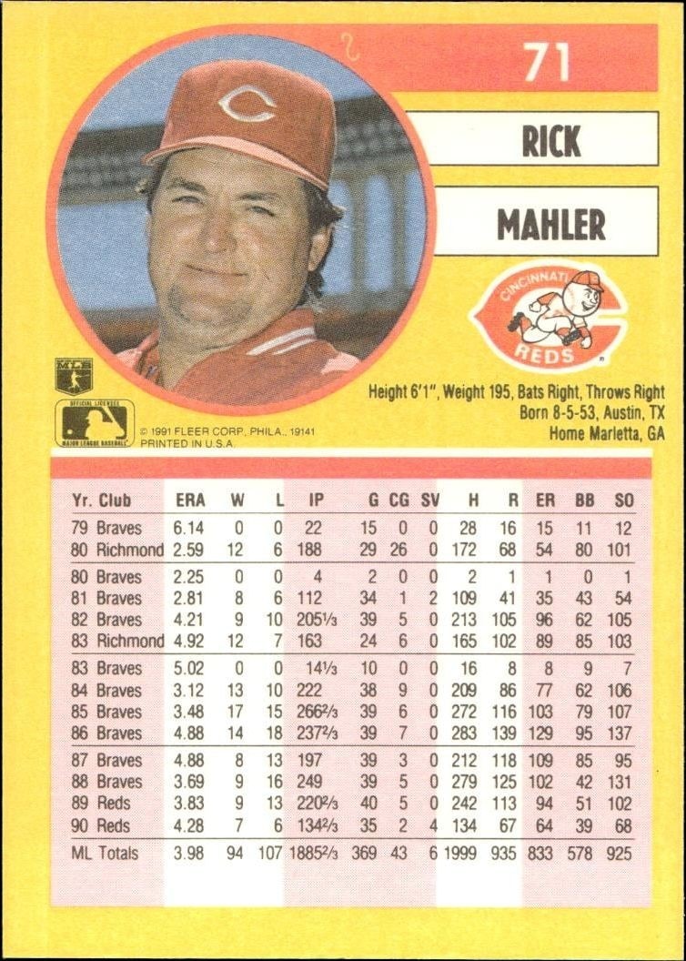 1991 Fleer Rick Mahler #71 baseball trading card back