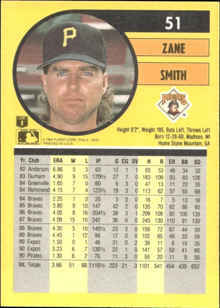 1991 Fleer Zane Smith #51 baseball trading card back