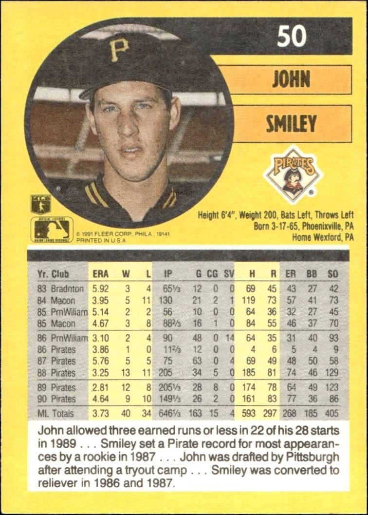 1991 Fleer John Smiley #50 baseball trading card back