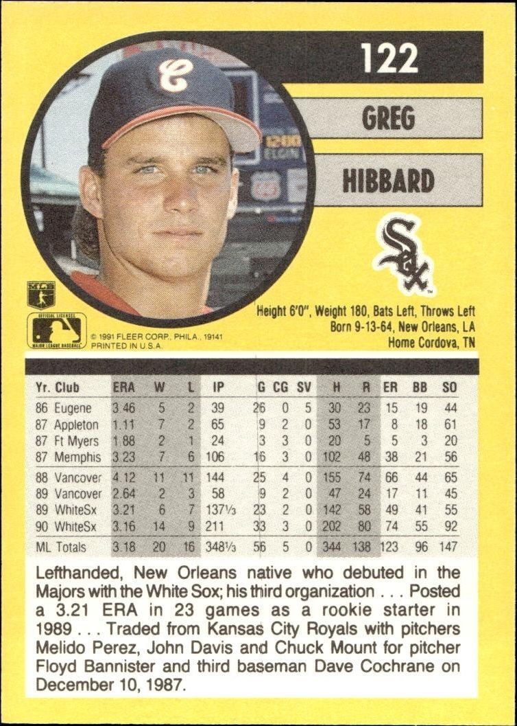 1991 Fleer Greg Hibbard #122 baseball trading card back