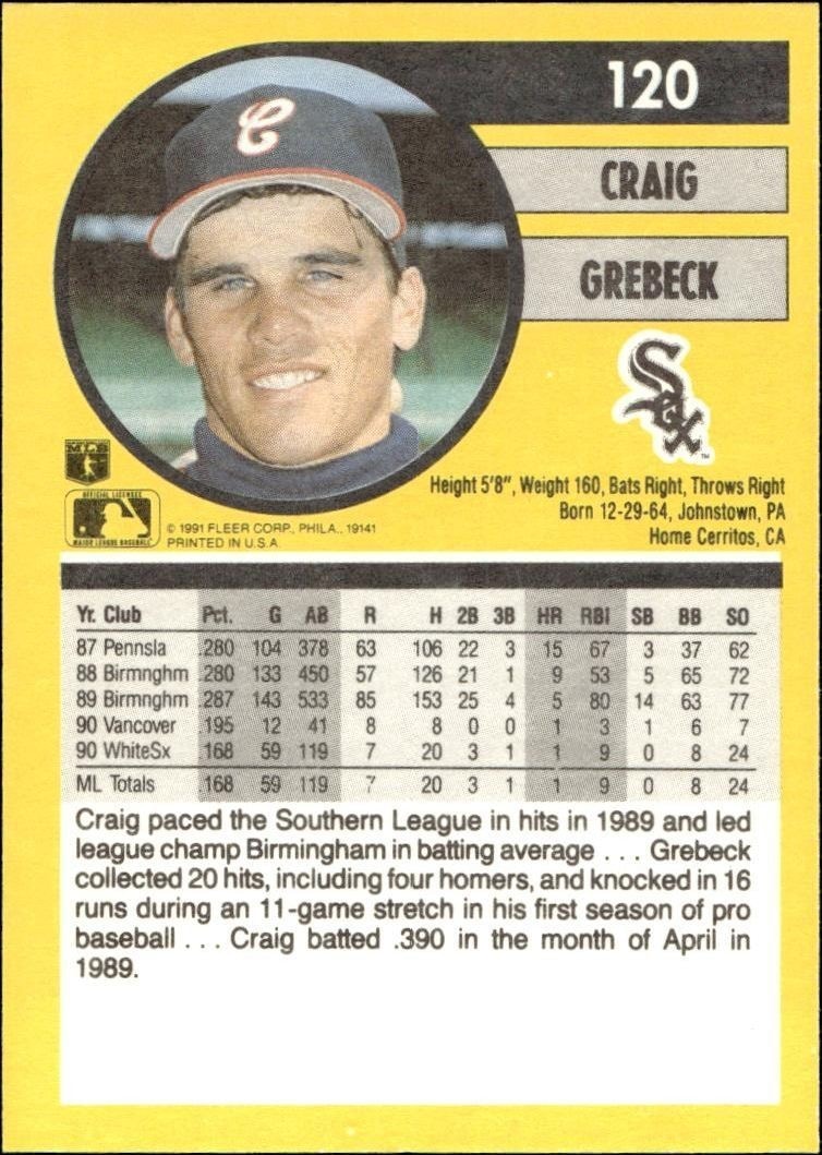 1991 Fleer Craig Grebeck #120 baseball trading card back
