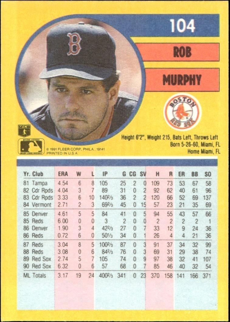 1991 Fleer Rob Murphy #104 baseball trading card back