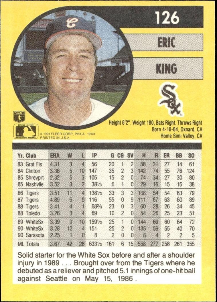 1991 Fleer Eric King #126 baseball trading card back