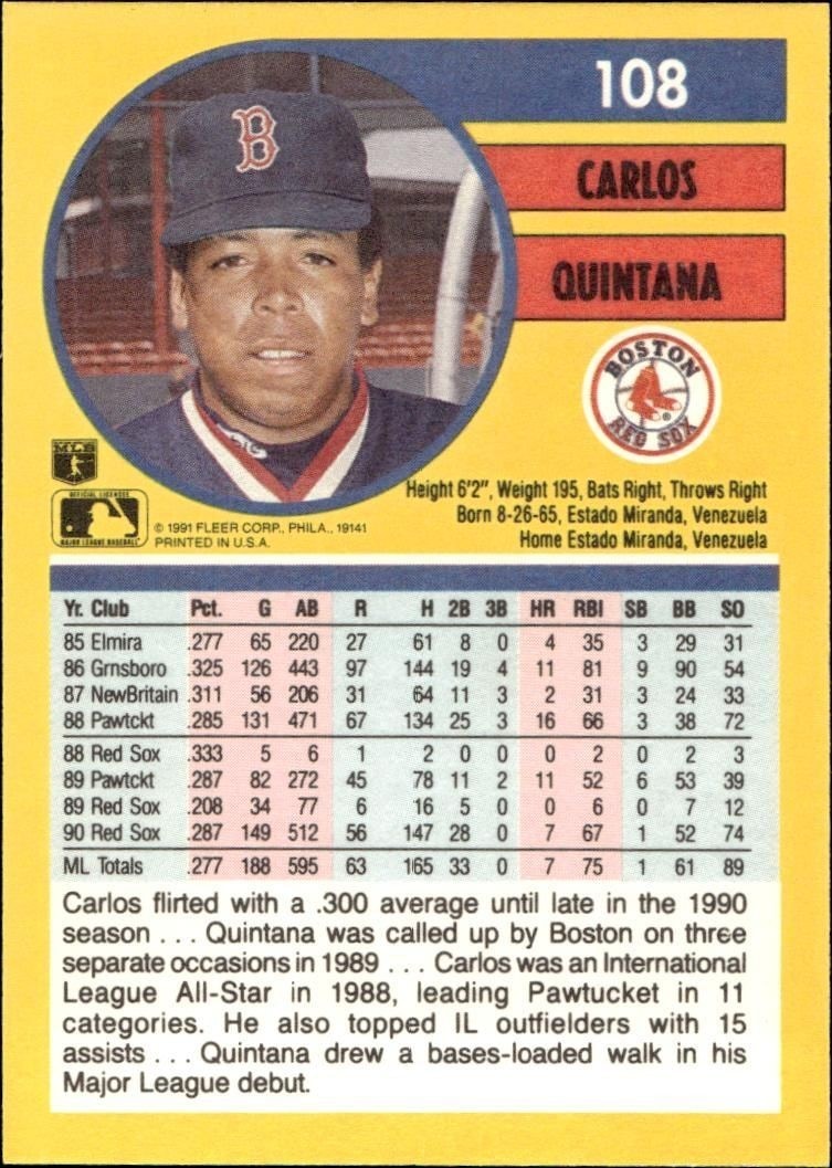 1991 Fleer Carlos Quintana #108 baseball trading card back