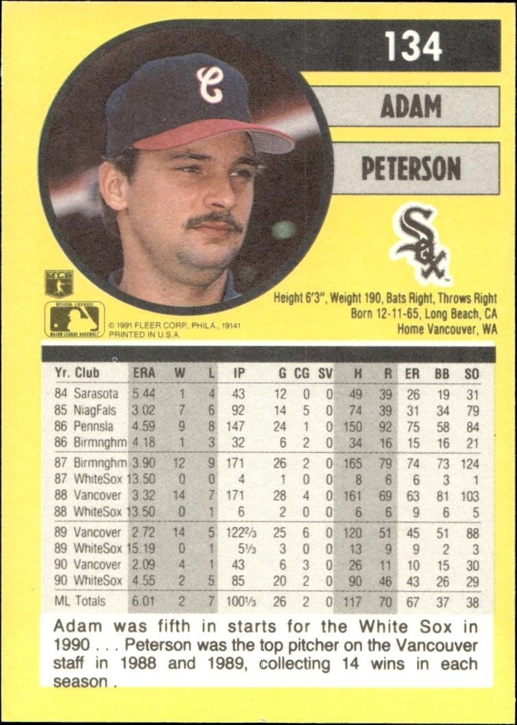 1991 Fleer Adam Peterson #134 baseball trading card back