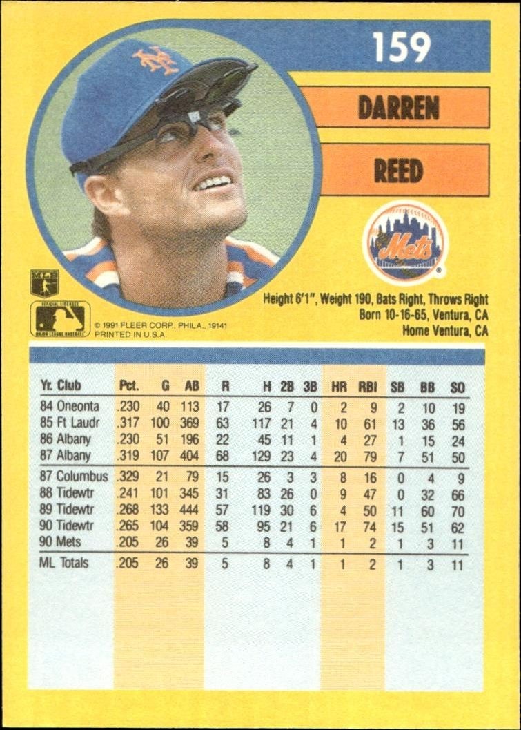 1991 Fleer Darren Reed #159 baseball trading card back