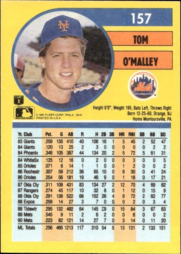 1991 Fleer Tom O'Malley #157 baseball trading card back
