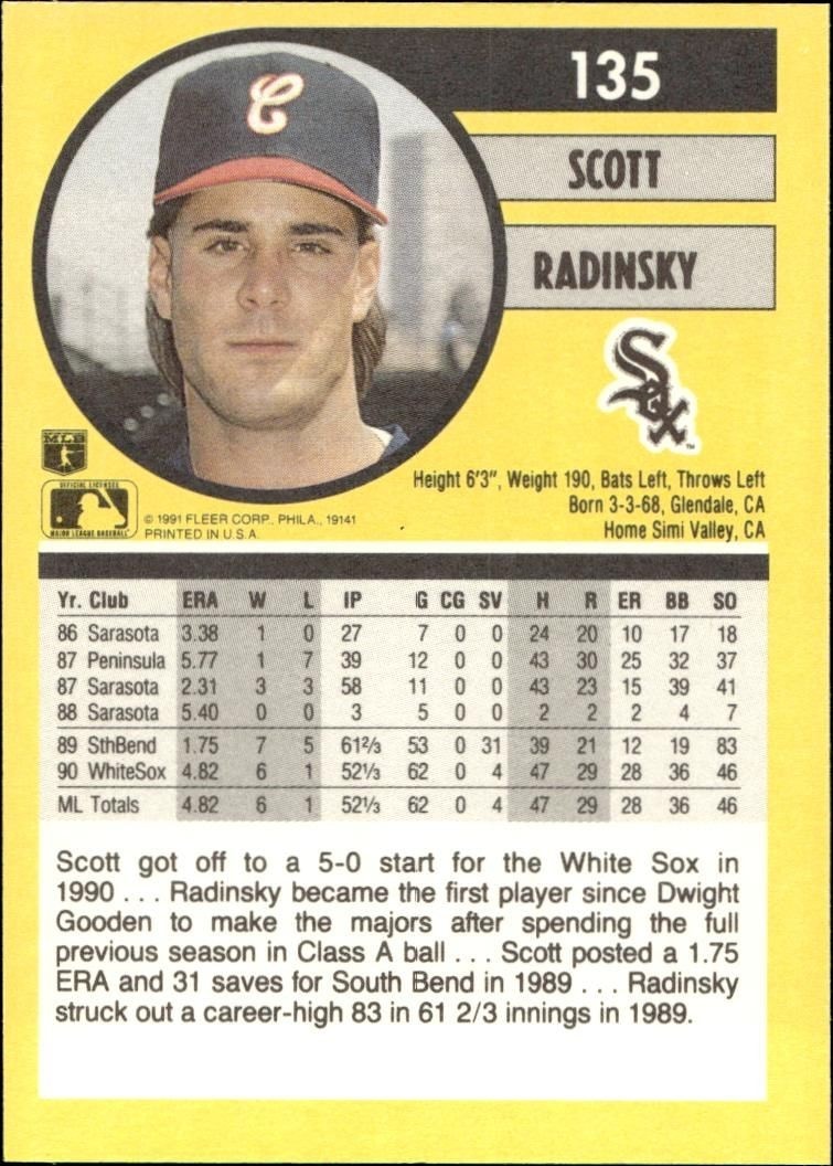 1991 Fleer Scott Radinsky #135 baseball trading card back