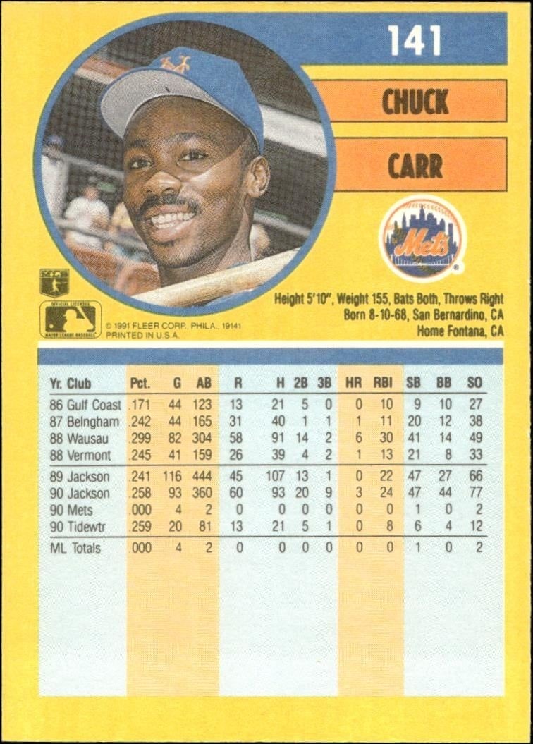 1991 Fleer Chuck Carr #141 baseball trading card back