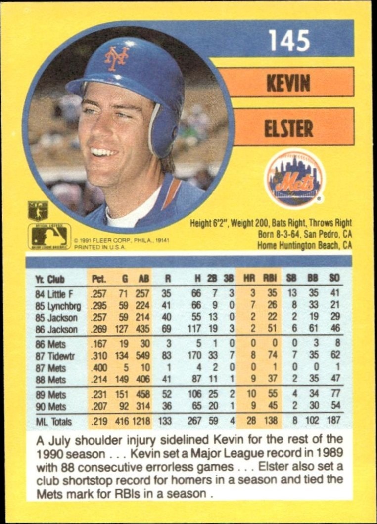 1991 Fleer Kevin Elster #145 baseball trading card back