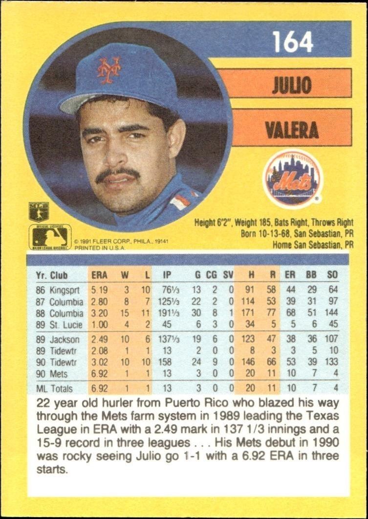 1991 Fleer Julio Valera #164 baseball trading card back