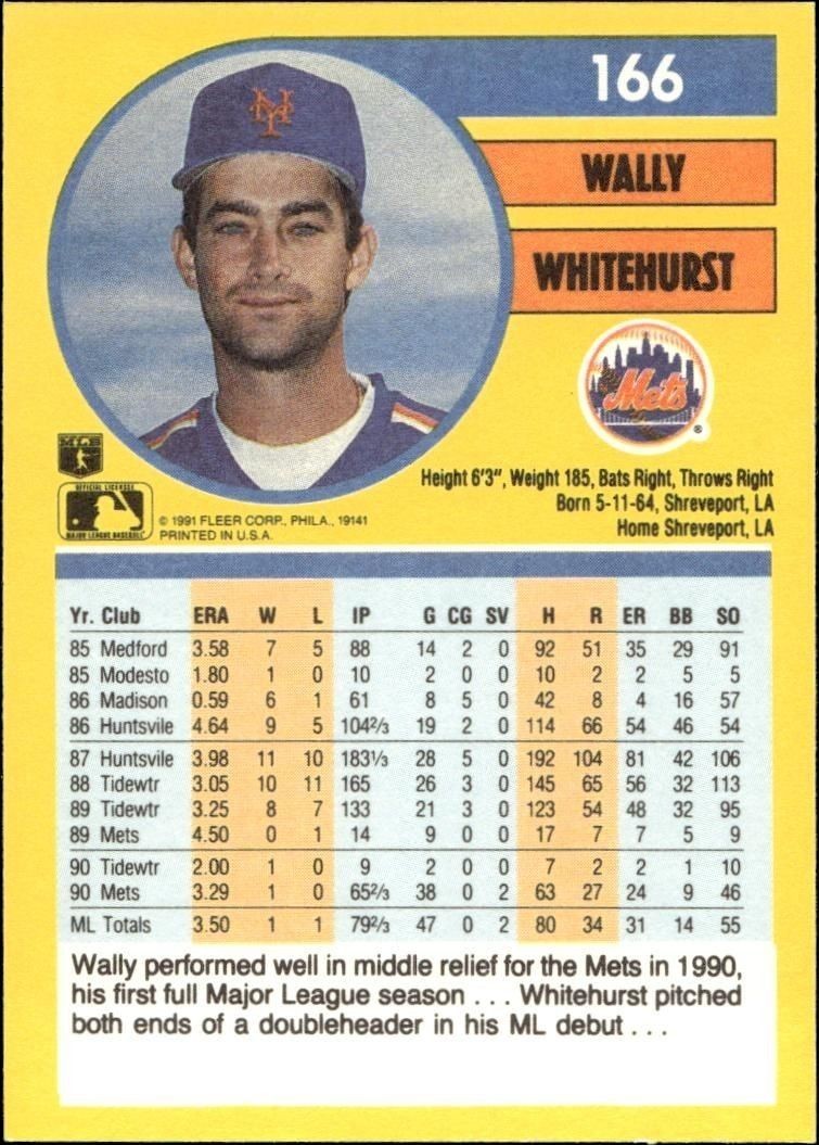 1991 Fleer Wally Whitehurst #166 baseball trading card back