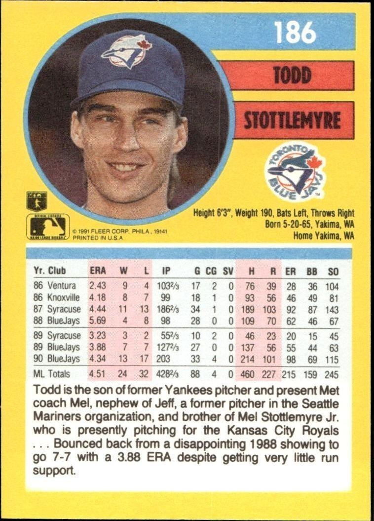 1991 Fleer Todd Stottlemyre #186 baseball trading card back