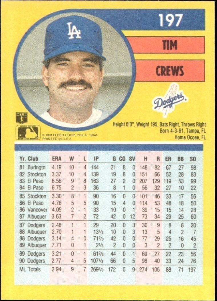 1991 Fleer Tim Crews #197 baseball trading card back