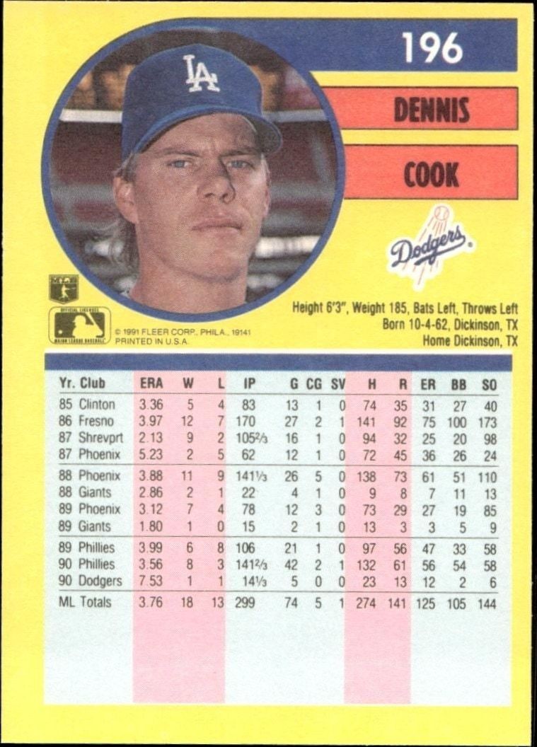 1991 Fleer Dennis Cook #196 baseball trading card back