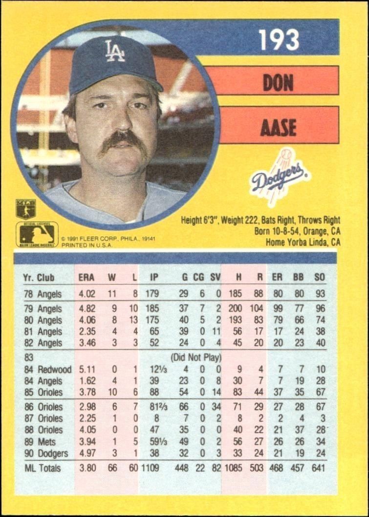 1991 Fleer Don Aase #193 baseball trading card back