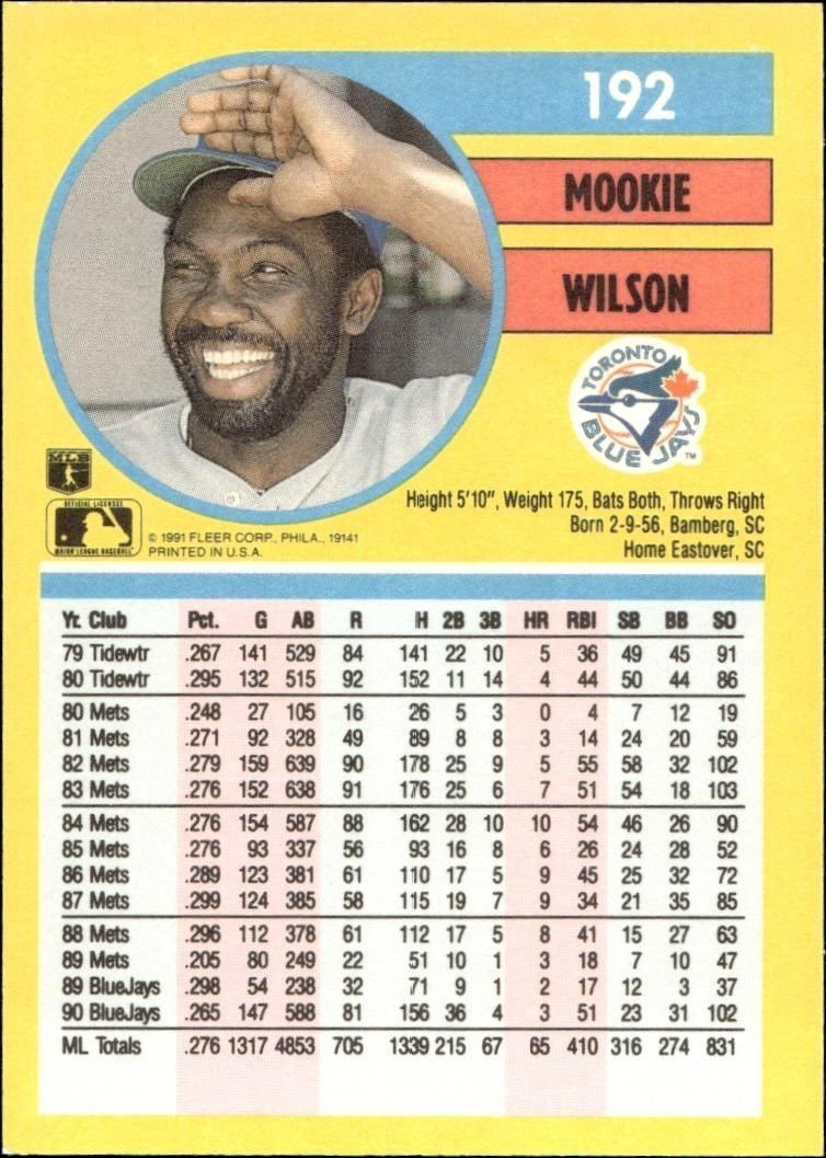 1991 Fleer Mookie Wilson #192 baseball trading card back