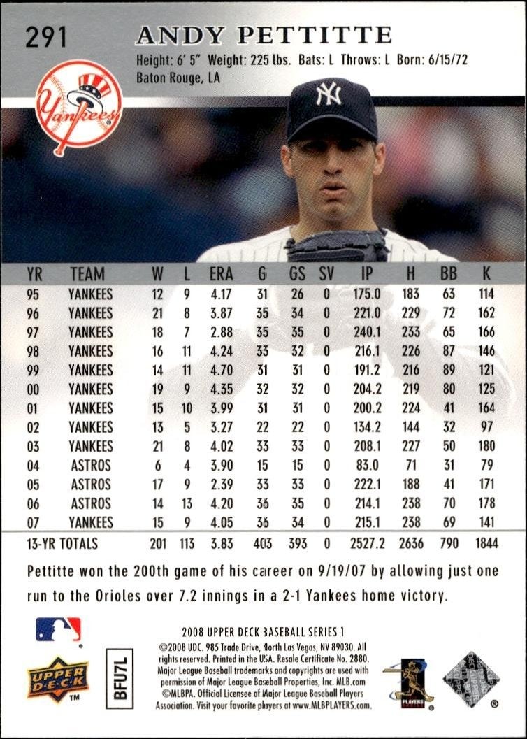 2008 Upper Deck Andy Pettitte #291 baseball trading card back