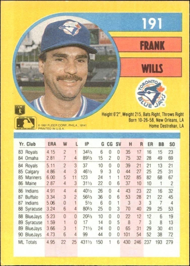 1991 Fleer Frank Wills #191 baseball trading card back