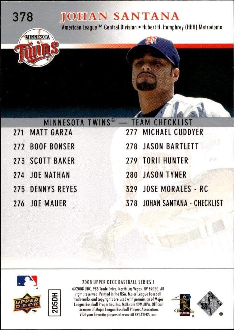 2008 Upper Deck Johan Santana #378 baseball trading card back