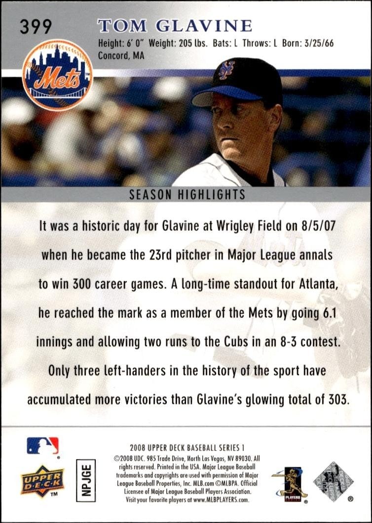 2008 Upper Deck Tom Glavine #399 baseball trading card back