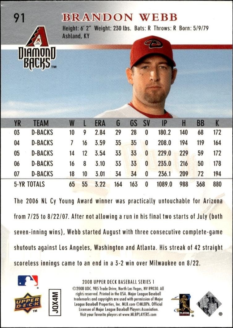 2008 Upper Deck Brandon Webb #91 baseball trading card back