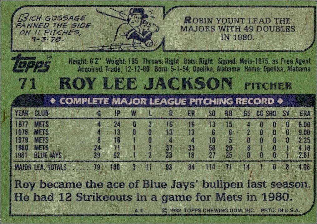 1982 Topps Roy Lee Jackson #71 baseball trading card back