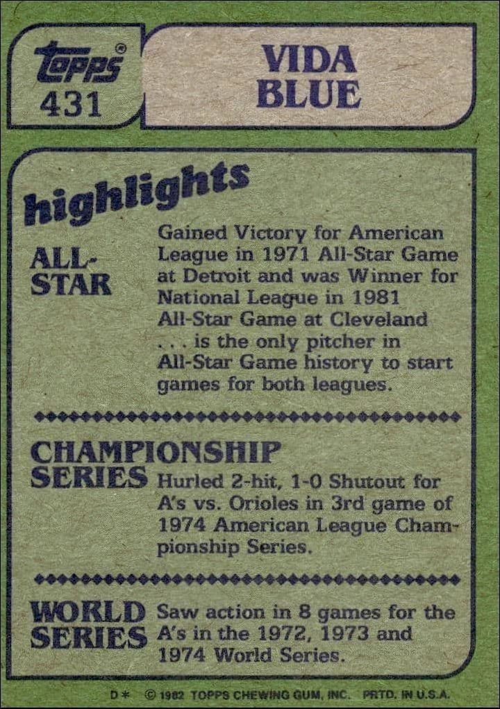1982 Topps Blue Vida Blue #431 baseball trading card back