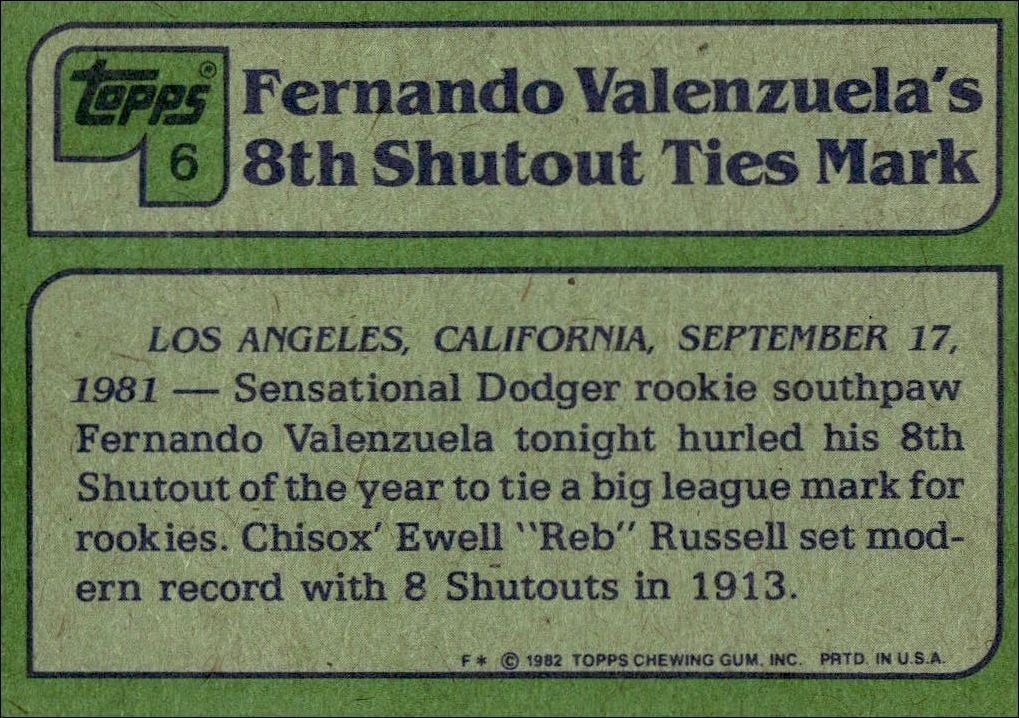 1982 Topps Fernando Valenzuela #6 baseball trading card back