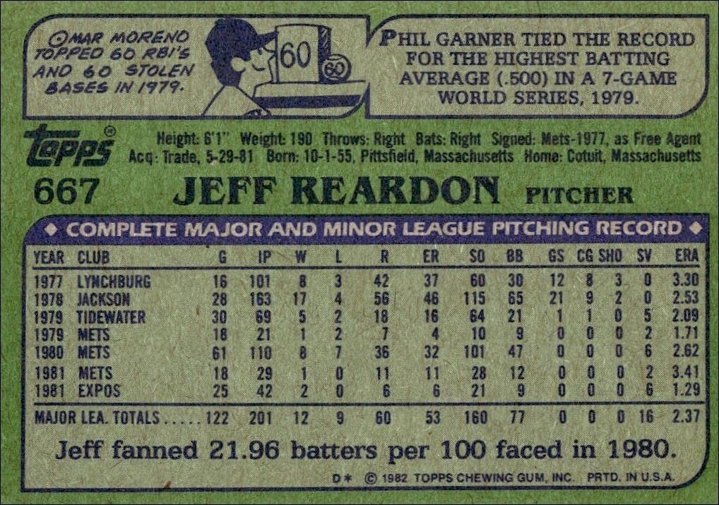 1982 Topps Jeff Reardon #667 baseball trading card back