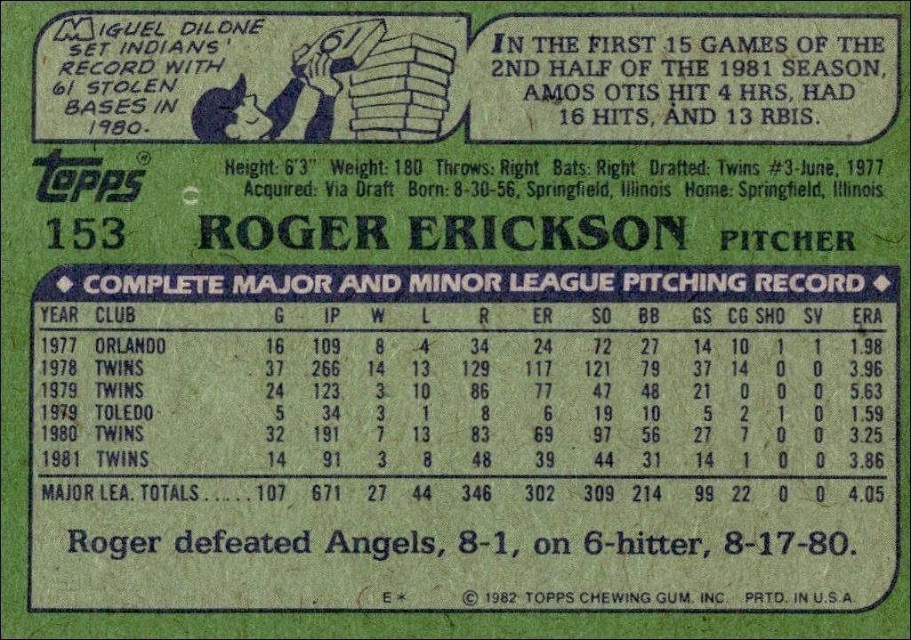 1982 Topps Roger Erickson #153 baseball trading card back