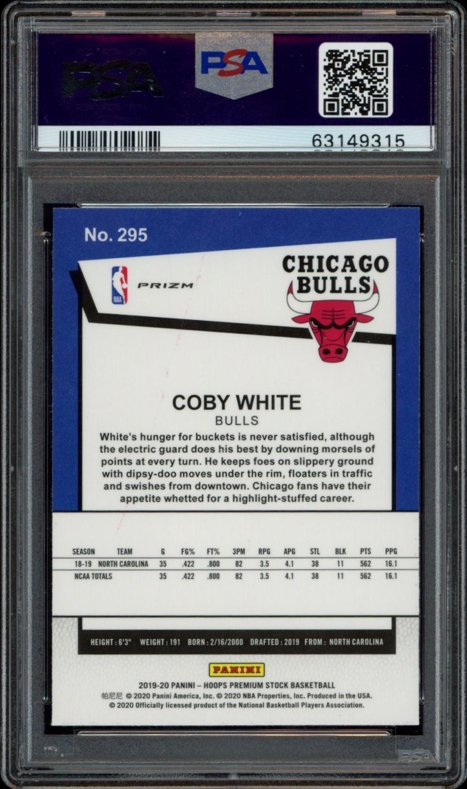 2019-20 Panini Hoops Premium Stock Coby White #295 basketball trading card back