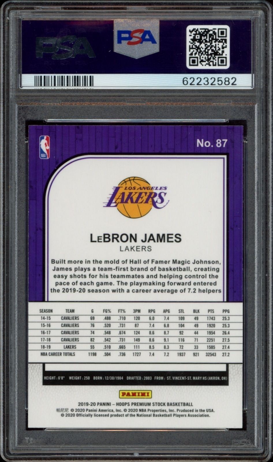 2019-20 Panini Hoops Premium Stock LeBron James #87 basketball trading card back