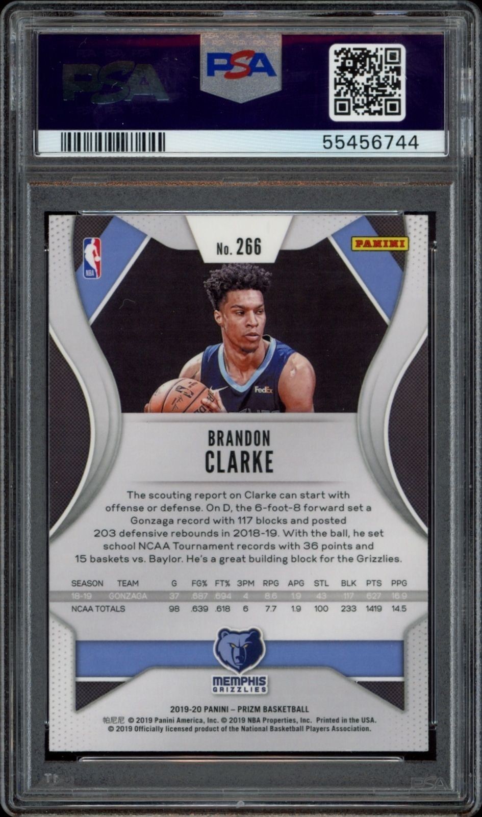 2019-20 Panini Prizm Brandon Clarke #266 basketball trading card back