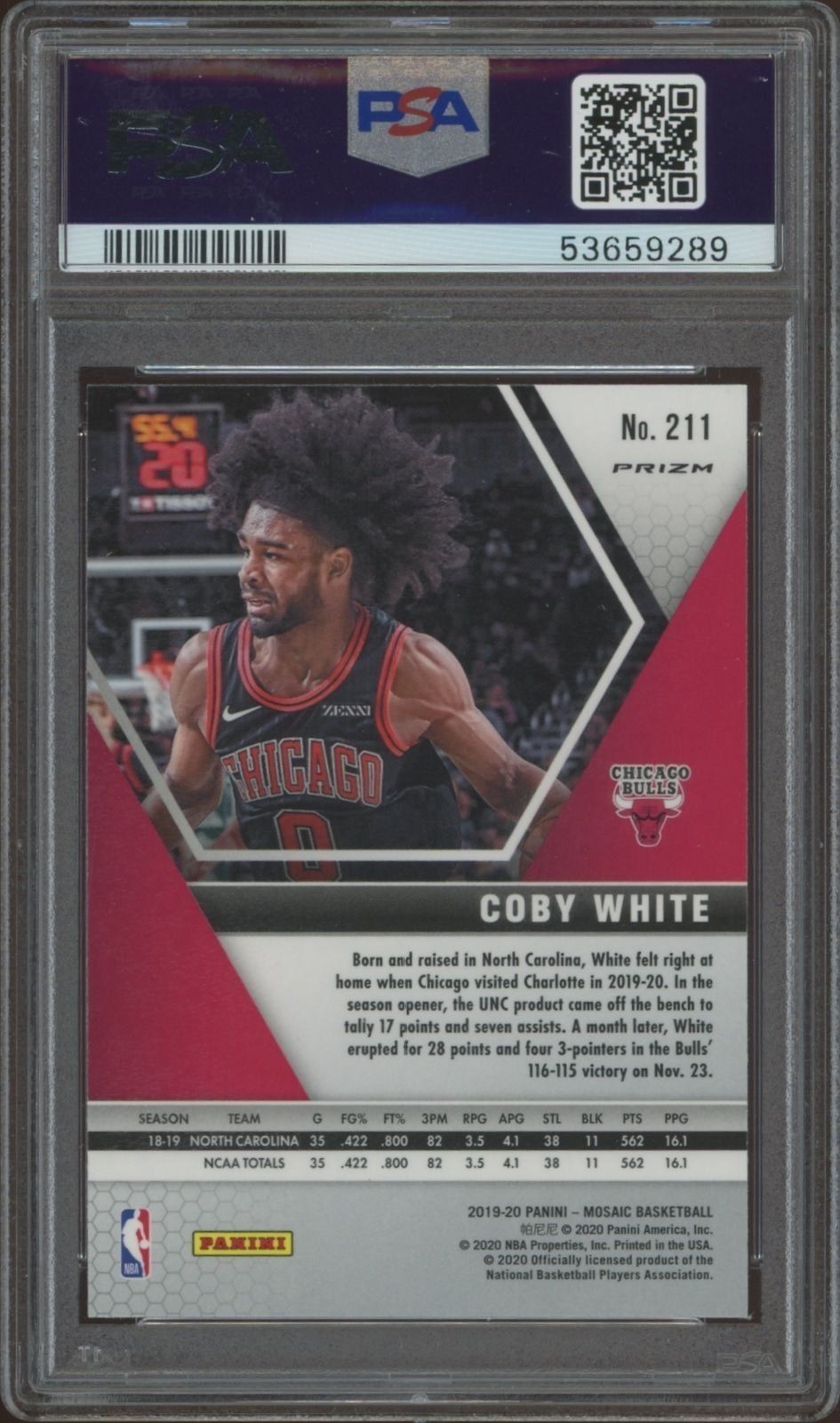 2019-20 Panini Mosaic Coby White #211 basketball trading card back