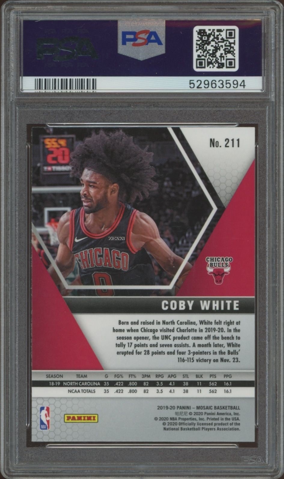 2019-20 Panini Mosaic Coby White #211 basketball trading card back