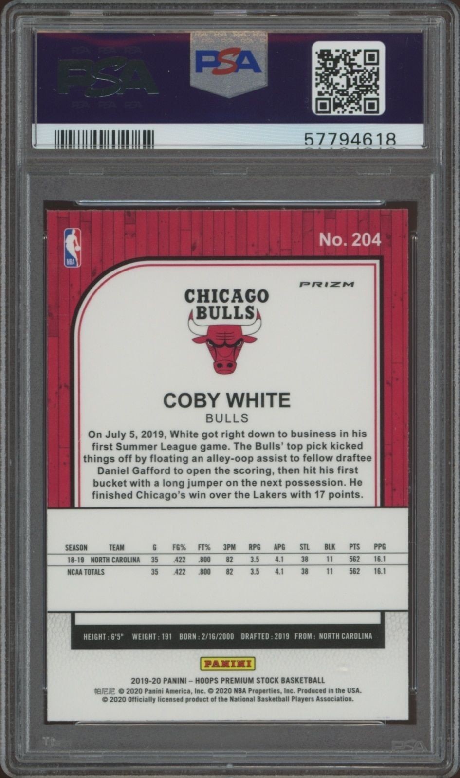 2019-20 Panini Hoops Premium Stock Coby White #204 basketball trading card back