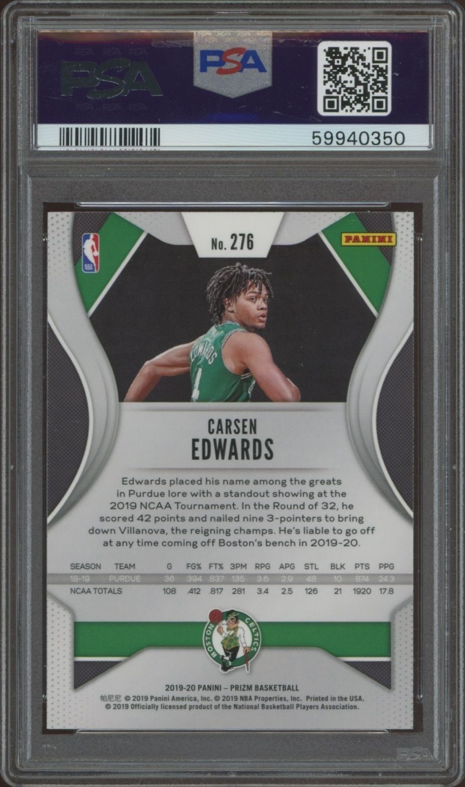 2019-20 Panini Prizm Carsen Edwards #276 basketball trading card back