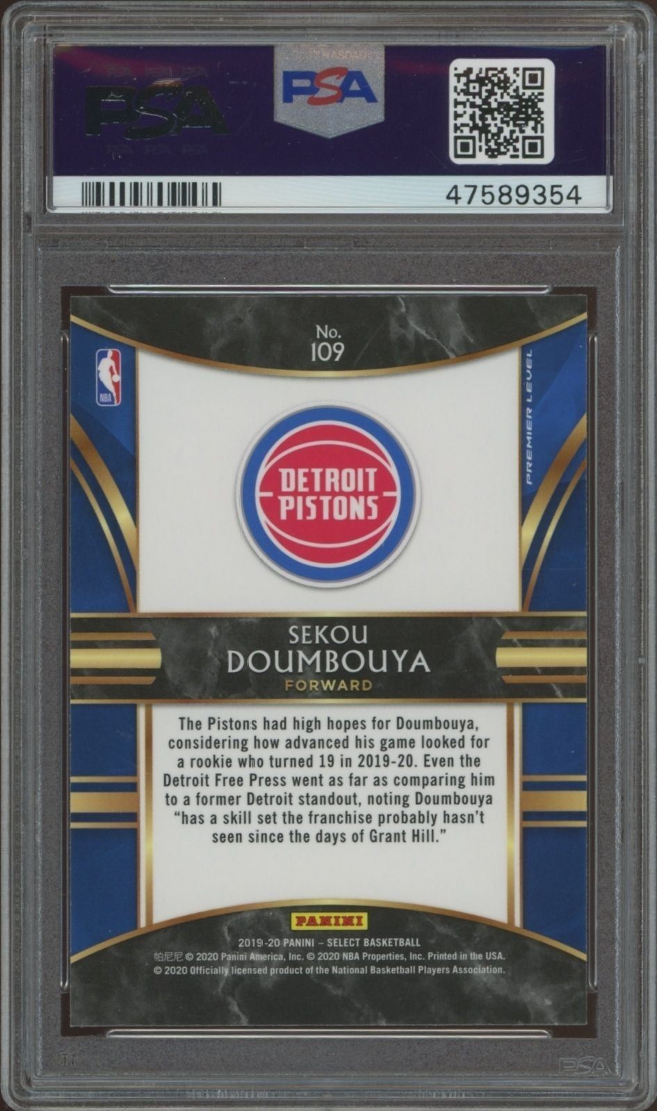 2019-20 Panini Select Sekou Doumbouya #109 basketball trading card back
